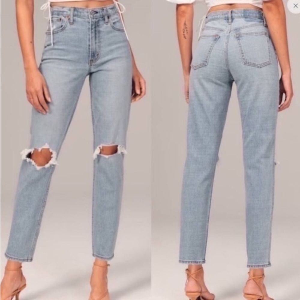 Abercrombie & Fitch The Mom High Rise Light Wash Distressed Blue Jeans